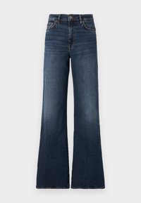 Wide-leg dark blue denim jeans with a high waist. Features classic five-pocket design and subtle fading on the thighs. Metal button closure.