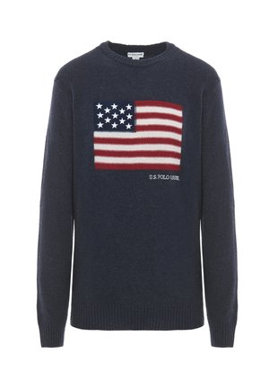Pullover blu navy con un design ricamato della bandiera americana sul davanti, con strisce rosse e bianche e stelle bianche. Polsini e orlo a coste.