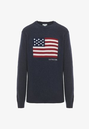 Pullover blu navy con un design ricamato della bandiera americana sul davanti, con strisce rosse e bianche e stelle bianche. Polsini e orlo a coste.