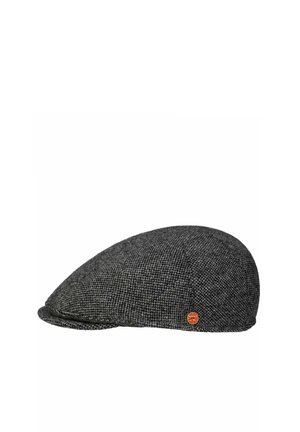 Dunkelgraue Fischgrät-Flatcap mit kleinem gebogenem Schirm und rundem rotem Emblem an der Seite.