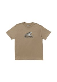 Tan cotton t-shirt with a crew neck, short sleeves, featuring a black butterfly graphic and logo print on the front.
