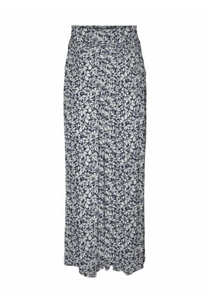 Long high-waist skirt with navy blue and white floral pattern, front button closure, and straight silhouette.
