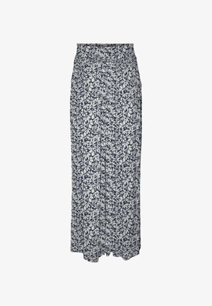 Langer Rock mit hohem Bund, Marineblau-weißem Blumenmuster, Knopfleiste vorne und gerader Silhouette.