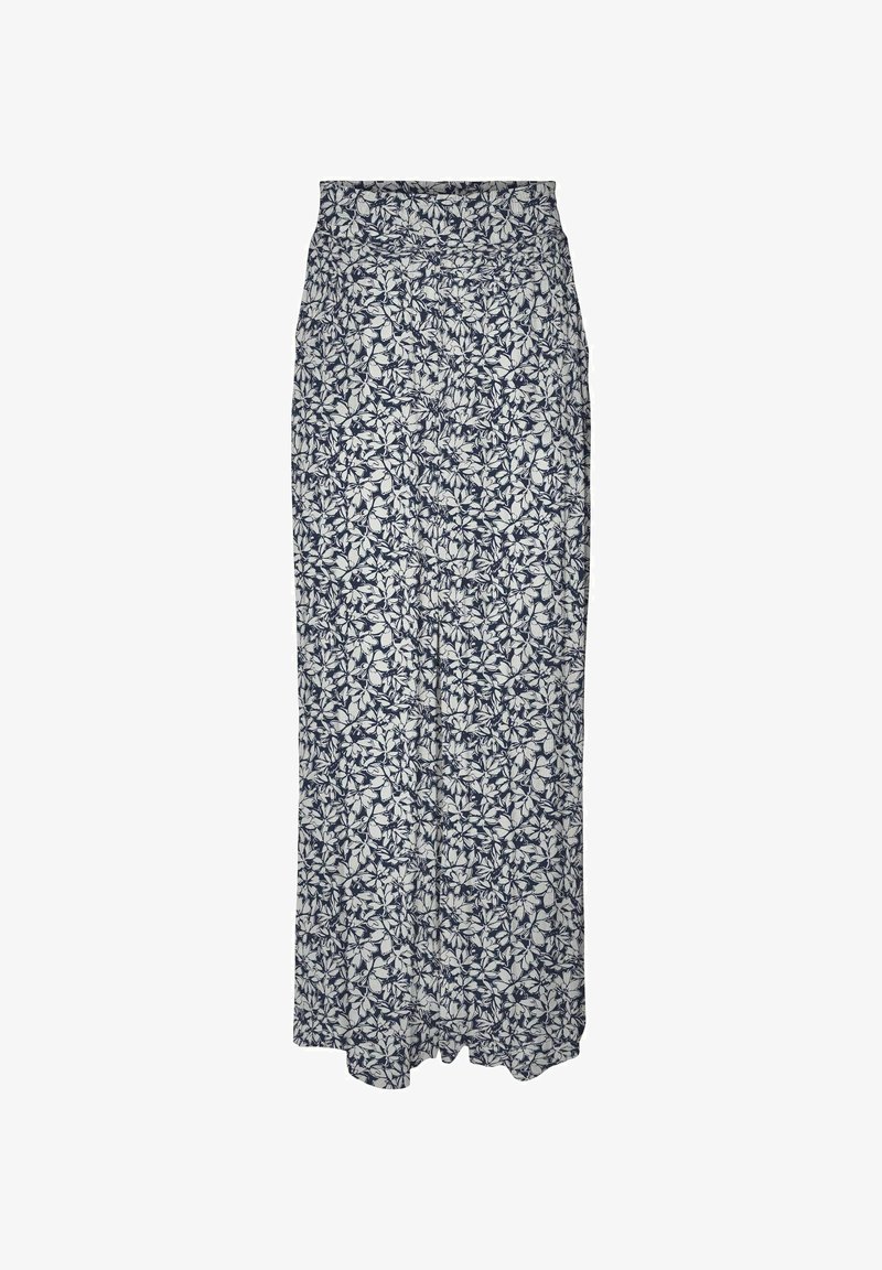 Pitkä korkeavyötäröinen hame, jossa tummansinivalkoinen kukkakuvio, edessä napitus ja suoraviivainen siluetti.