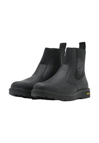 Stivali Chelsea neri in pelle con pannelli laterali elasticizzati, punta rotonda e suola in gomma testurizzata con logo laterale.