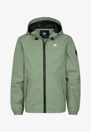 Hellgrüne wasserdichte Jacke mit Kapuze, schwarzem Futter, vorderem Reißverschluss, verstellbaren Kordeln und Logodetail auf Brust und Ärmel.