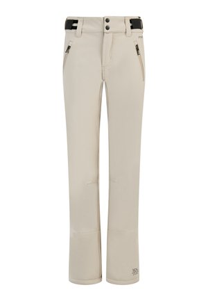 Beige Softshell-Hosen mit zwei Reißverschlusstaschen an den Seiten, doppeltem Knopfverschluss am Bund und einer schwarzen verstellbaren Gürtelschlaufe auf weißem Hintergrund.
