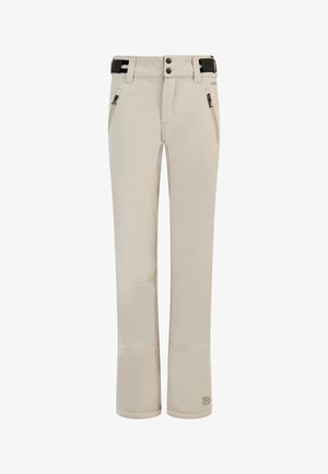 Beige Softshell-Hosen mit zwei Reißverschlusstaschen an den Seiten, doppeltem Knopfverschluss am Bund und einer schwarzen verstellbaren Gürtelschlaufe auf weißem Hintergrund.