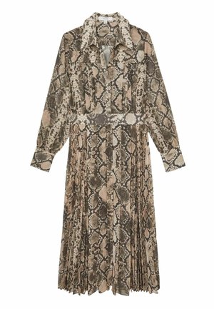 Pikemate varrukatega midikleit kortsulise seeliku, kraega ja beeži, pruuni ning musta madu mustriga.