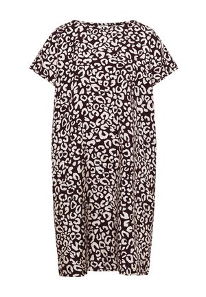 Robe ample à manches courtes avec motif léopard abstrait noir et blanc, col rond et ourlet à hauteur du genou.