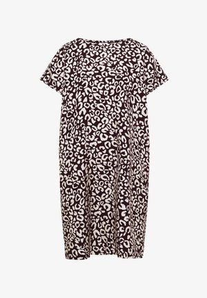 Robe ample à manches courtes avec motif léopard abstrait noir et blanc, col rond et ourlet à hauteur du genou.