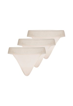 Three beige lace-trimmed women's thong underwear pieces, arranged in a staggered overlapping row on a white background.