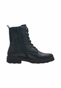 Botín negro de cuero hasta el tobillo con punta redonda, cordones en la parte delantera, cremallera lateral y detalles texturizados. Suela de goma resistente con tacón moderado.