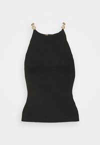 Schwarzes Tanktop mit tailliertem Design, ausgestattet mit goldenen Hardware-Elementen an den Trägern. Glatte Textur mit geradem Saum und ohne zusätzliche Muster.