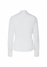 Camicia bianca a maniche lunghe con collo classico, vestibilità tailored, tessuto liscio e polsini con bottoni. La vista posteriore mostra linee pulite e dettagli minimali.