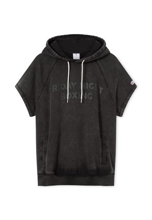 Sudadera negra de manga corta con cordón, con la inscripción "FRIDAY NIGHT BOXING" impresa en el frente. Tejido suave y bolsillos tipo canguro.