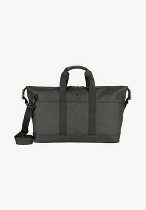 Schwarze Reisetasche mit glatter Oberfläche, ausgestattet mit zwei oberen Griffen und einem verstellbaren Schultergurt. Verfügt über ein zentrales Logo und robuste Nähte.