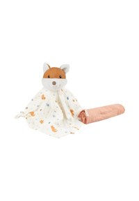 Plush fox blanket toy with a brown and white head, soft triangular blanket featuring orange and blue animal prints, rolled peach-colored muslin.