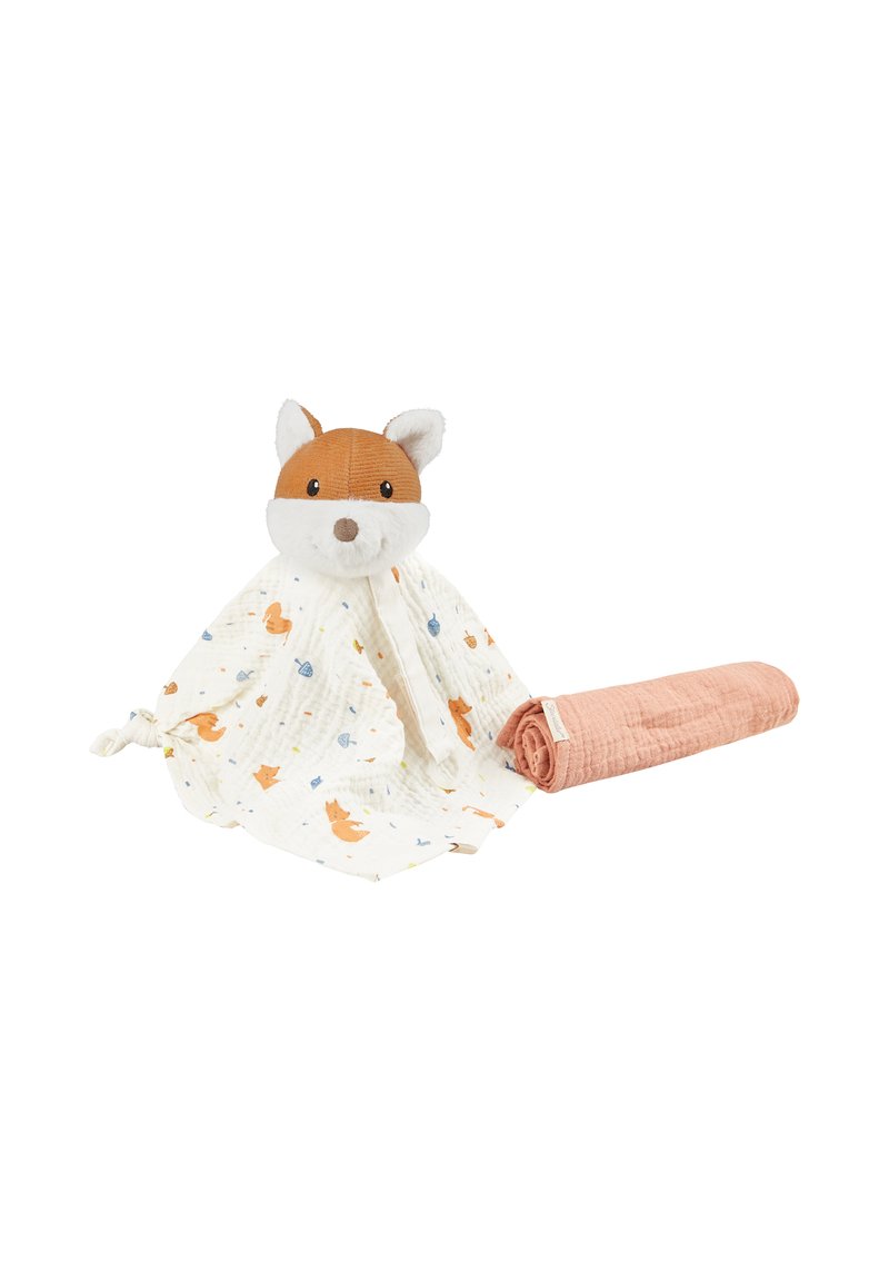 Plush fox blanket toy with a brown and white head, soft triangular blanket featuring orange and blue animal prints, rolled peach-colored muslin.