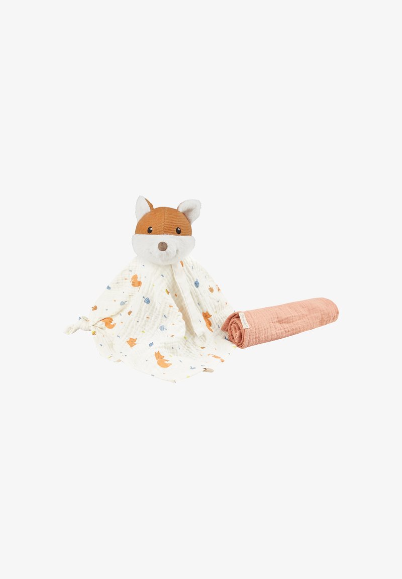 Jouet en peluche en forme de renard avec une tête marron et blanche, couverture douce en triangle ornée d'imprimés animaliers orange et bleu, enroulée dans de la mousseline pêche.