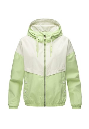 Light green and cream hooded jacket with a zip closure, elastic cuffs, and snap buttons at the waist. Features color-blocking design.
