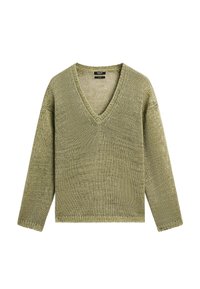 V-hals gebreid sweater in licht olijfgroen, met lange mouwen en een losse pasvorm met een gestructureerd patroon. De zoom en de manchetten zijn afgewerkt.