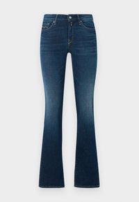 Darks blå jeans med utflaring laget av denim, med fem-lommers design, glidelås med knappelukking, og subtil fading ved knærne.