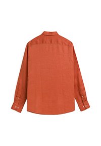 Camicia a maniche lunghe color ruggine realizzata in tessuto texture. Presenta un colletto, polsini con bottoni e un taglio dritto con una parte posteriore liscia.
