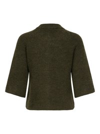 Pull court en maille côtelée vert foncé avec manches larges trois-quarts, présenté de dos sur un fond blanc.