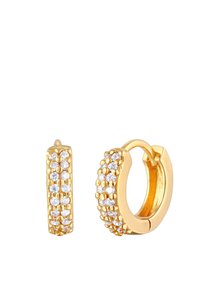 Guldörhängen med en texturerad yta och små klara kristaller inlagda på framsidan. Örhängena har en gångjärnsklämmna.