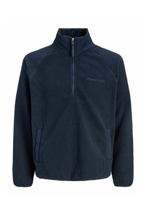 Pull polaire bleu marine avec une demi-fermeture éclair, un col montant, des manches longues et deux poches avant bordées de tissu.