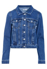 Veste en jean courte bleu foncé avec col classique, boutons sur le devant, poches poitrine et détails de couture contrastants.