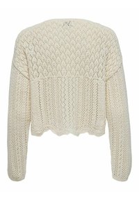 Cárdigan de crochet, color crema, patrón de tejido abierto, mangas largas, largo corto, dobladillo con borde festoneado, textura ligera.