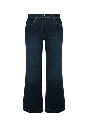 Jean large en denim bleu marine avec une taille haute, dotés d'une fermeture à boutons, de poches avant et de coutures visibles sur les ourlets.