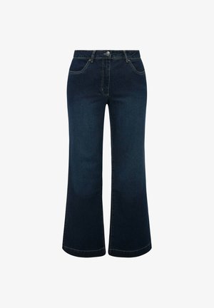 Donkerblauwe denim wijde jeans met een hoge taille, voorzien van een knoopsluiting, zijzakken en zichtbare stiksels op de zomen.
