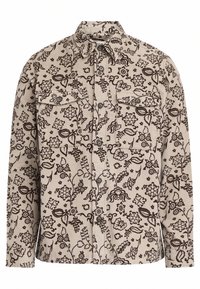 Μπεζ καπέλο με ρίγες κουδέρας, σκούρο λουλούδι, δύο τσέπες στο στήθος, κουμπιά με κούμπωμα και κλασικό γιακά. Μακριά μανίκια με κουμπωτές μανσέτες.