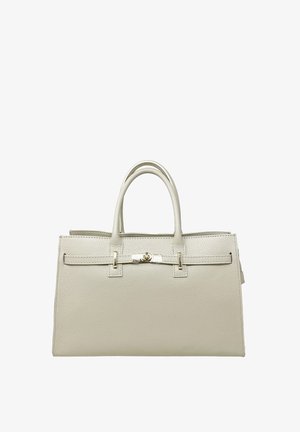 Sac à main en cuir gris clair avec deux poignées courtes, présentant un design structuré, une fermeture en métal doré et une texture lisse.