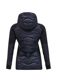 Giacca imbottita con design trapuntato di un blu scuro, dotata di cappuccio e tessuto nero a contrasto lungo le maniche e i lati.