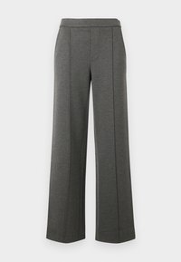 Pantaloni a gamba larga grigi realizzati in un tessuto testurizzato, con una vita liscia e cuciture verticali, dal fit rilassato e fluido.