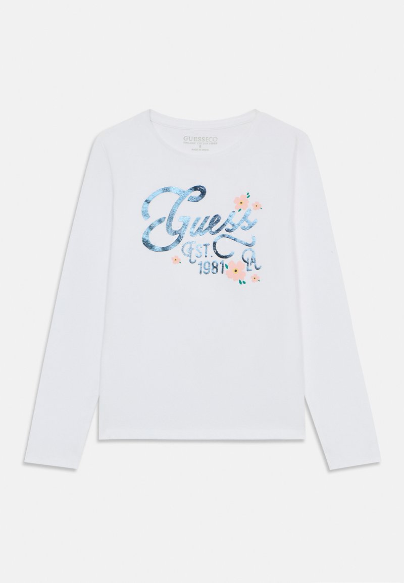 Langärmliges weißes Baumwoll-T-Shirt mit einem glänzenden blauen Grafikdruck, der "Guess Est. 1981" und floralen Akzenten in Pink und Grün zeigt.