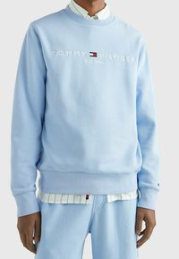 Ljusblå sweatshirt i mjukt tyg med rund halsringning och broderad logotyp. Mudden på ärmslut och fåll är ribbad.