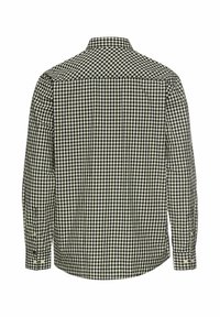Zwart-witte geblokte long-sleeve shirt met een kraag, knopenmanchetten en een gladde textuur, met een klassiek ruitpatroon.