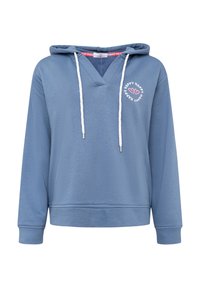 Blaues Kapuzenshirt mit V-Ausschnitt und weißen Kordeln. Auf der linken Brustseite ist der Text "HAPPY" in einem kreisförmigen Design angebracht. Weicher Stoff.