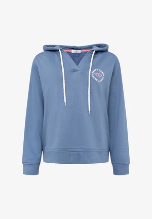 Niebieska bluza z kapturem, z dekoltem w serek i białymi sznurkami. Posiada napis "HAPPY" w okrągłym wzorze na lewej części klatki piersiowej. Miękka tekstura tkaniny.