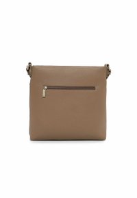 Leather handbag in light brown with a textured finish, featuring a front zip pocket and an adjustable shoulder strap. Rectangular shape.