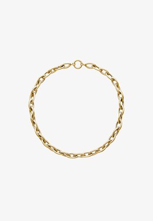 Collar de cadena de oro con eslabones ovalados entrelazados y un acabado suave. Diseño simple con un cierre central para un ajuste seguro.