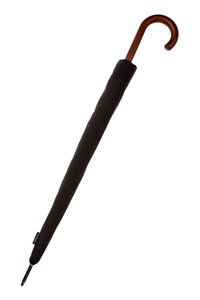 Czarny parasol z drewnianym, zakrzywionym uchwytem oraz eleganckim czarnym materiałowym pokryciem, z metalowym końcem na dole dla zwiększenia trwałości.