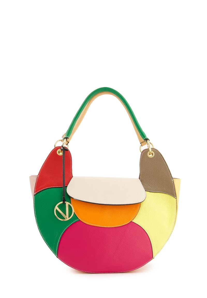 Hobo handtas met meerkleurige leren patches in roze, groen, oranje, rood, geel en beige, voorzien van een gouden logo charm en dubbele handvatten.