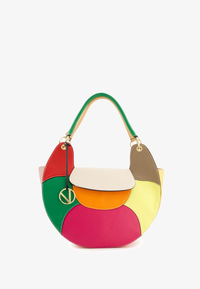 Hobo handtas met meerkleurige leren patches in roze, groen, oranje, rood, geel en beige, voorzien van een gouden logo charm en dubbele handvatten.