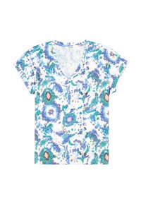 Camiseta de manga corta con escote en V en tejido ligero, con un colorido patrón floral en azul, verde y rosa sobre un fondo blanco.